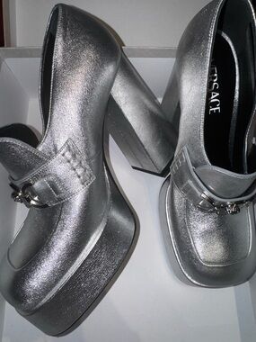 Versace Metallic Silver Platform Mary Jane Pumps